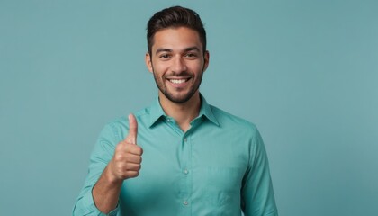 A casual man in a light blue shirt showing a thumbs up, expressing positive approval. - obrazy, fototapety, plakaty