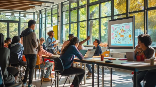 A group of children are engaging in leisure activities in a building's recreation room with a large screen. AIG41