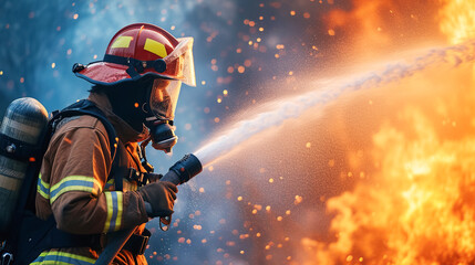 A brave firefighter in full gear extinguishes massive blaze with a hose, embodying bravery and commitment to public safety