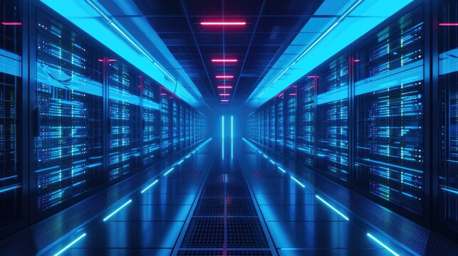 A parallel row of servers, adorned in electric blue, fills a technology-driven data center hallway with a symmetrical display of power and Azure technology. AIG41