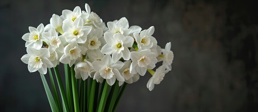 This photo shows a clear glass vase filled with white paperwhite narcissus bulbs, sitting on top of a wooden table. The delicate white flowers contrast beautifully against the dark table surface.