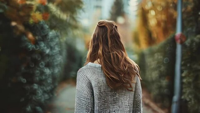 Beautiful young woman walking in the city. Back view of a red-haired girl.