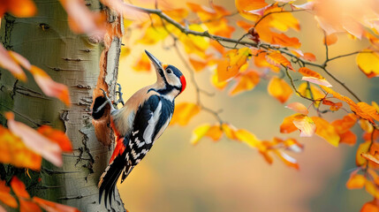 Woodpecker Perched on Tree Amidst Autumn Leaves in Golden Light