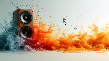 Audio speaker with fire and music notes on white background. 3d illustration