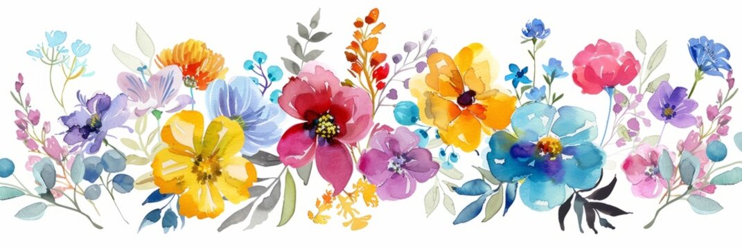 Watercolor illustration of colorful spring flowers, spring banner