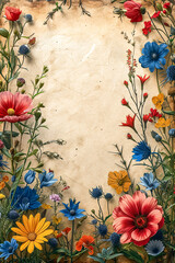 Vintage background with wildflowers and old paper. summer flowers on old paper background with space for text or image. Hand drawn illustration. Top view.