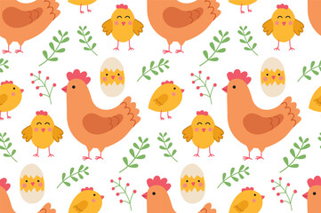Fototapeta premium Seamless pattern with a cute chicken, chicks and plants. Vector cartoon backdrop