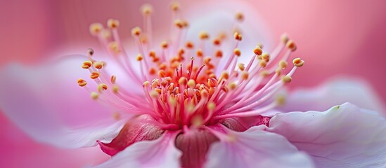 This photo showcases a detailed close-up of a pink and white flower.