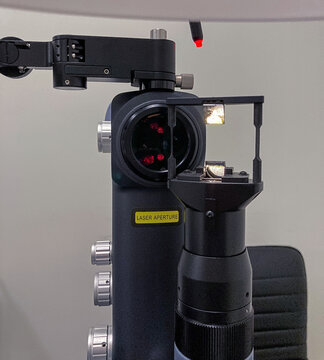 In an ophthalmologist office, an Nd:YAG laser unit: neodymium-doped yttrium aluminum garnet, used for medical procedures.