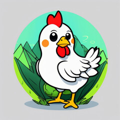 Colorful illustration of a cute chicken isolated on a solid color background.