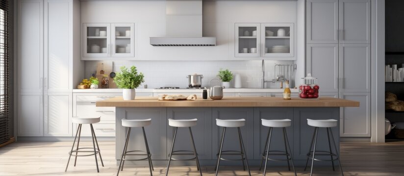A modern kitchen featuring a center island with four stools, all in gray tones and Scandinavian style. 