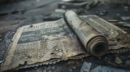 Aged Newspaper on Wet Ground: Vintage, Texture - obrazy, fototapety, plakaty