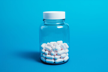 Pills in a jar on a blue background