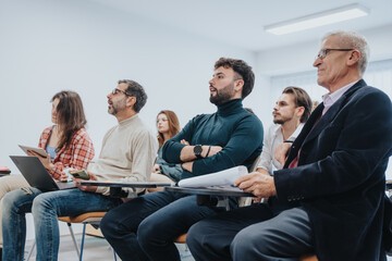 A varied group of attentive people participate in a corporate training session. They are sitting in a bright, contemporary office space, focused on the presenter.