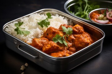 Detailed close-up photography of a juicy chicken tikka masala in a bento box against a polished metal background. AI Generation