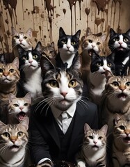A distinguished cat dressed in a suit stands out in a crowd of attentive felines against a beige background with chocolate drips. This unique portrayal combines sophistication with a touch of whimsy.