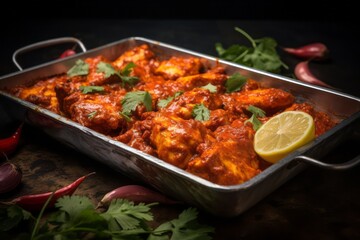 Fototapeta premium Natural light close-up photography of a juicy chicken tikka masala on a metal tray against a polished metal background. AI Generation