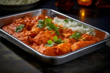 Natural light close-up photography of a juicy chicken tikka masala on a metal tray against a polished metal background. AI Generation