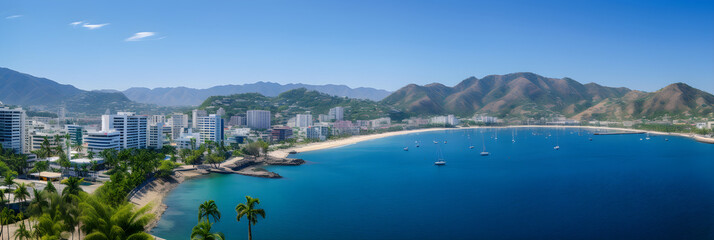 Fototapeta premium Panoramic Vista of the Sparkling Acapulco Bay, Mexico's Renowned Beach Resort 