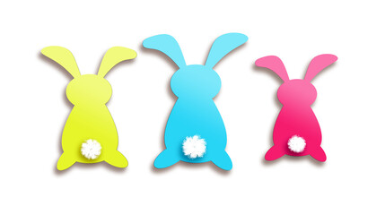 Figurines of colorful paper Easter bunnies isolated on a white background.