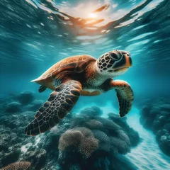 Tuinposter Underwater photo of a sea turtle. © rob3rt82