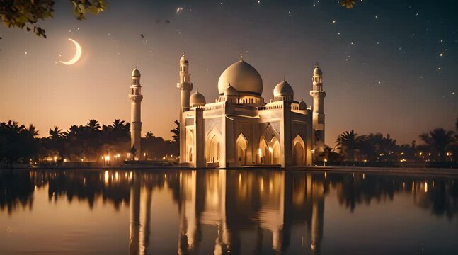Ramadan kareem eid al fitr with holy gate of mosque with beautiful light on its minaret. animation background of a magnificent Mosque at midnight full moon with lake water reflection.