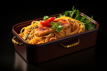 Detailed close-up photography of a juicy spaghetti in a bento box against a leather background. AI Generation