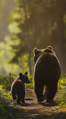 Mother Bear and Cub Walking Through Forest Path at Sunset