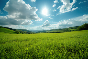 Obraz premium Green Grass Field Landscape with fantastic clouds in the background