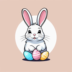 Colorful illustration of a cute Easter bunny holding a vivid chocolate Easter egg isolated on a solid color background.