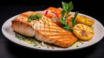 Tempting red fish steak in soft lighting, food photography for culinary enthusiasts