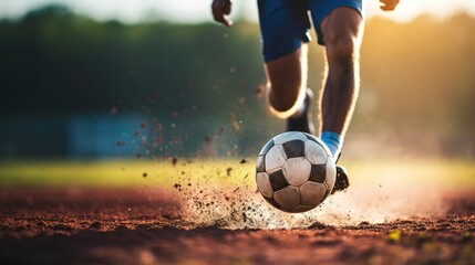 Fototapeta premium Close-up of a Leg in a Boot Kicking Football Ball. Professional Soccer Player Hits Ball