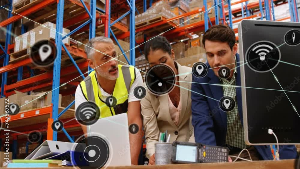 Poster animation of network of connections with icons over diverse workers using computer in warehouse