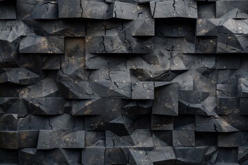 black marble brick wall with square parts forming 3d texture pattern 