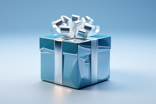 a blue gift box with silver ribbon