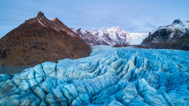 Aerial view of the blue Svinafell glacier in winter, Iceland