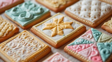 Obraz na płótnie Canvas Collage of quilted cookies in different geometric patterns, emphasizing the playful use of shape in cookie art