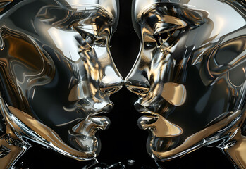 beautiful silver robots face to face touching each other, elegant, emotional faces on a light background