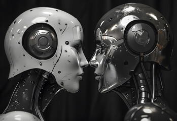 beautiful silver robots touching each other, elegant, emotional faces on a light background