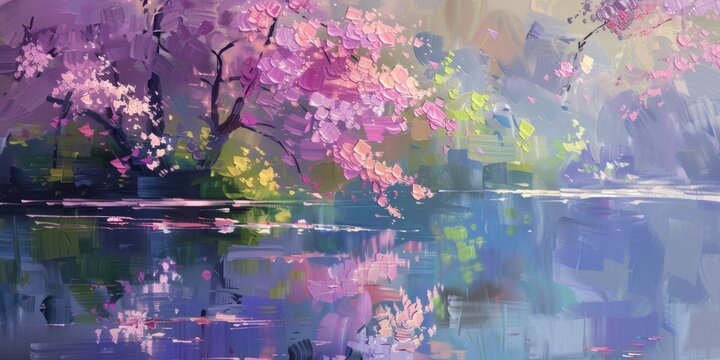an oil painting of flowers on a lake in the style of cherry blossoms Generative AI