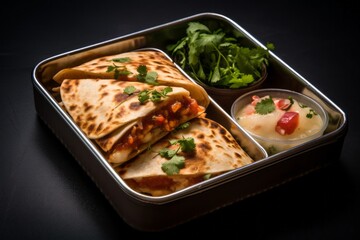 Close-up view photography of a tasty quesadilla in a bento box against a leather background. AI Generation