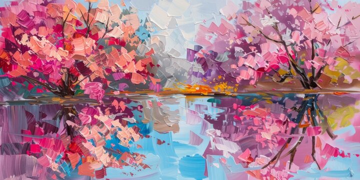 painting with pink flowers in a park next to river Generative AI