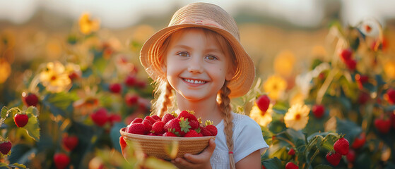 girl in a straw hat with a bowl of strawberries in her hands