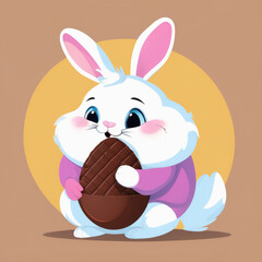Obraz premium Colorful illustration of a cute fat Easter bunny holding a vivid chocolate Easter egg isolated on a solid color background.
