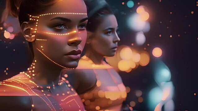 A group of individuals wearing futuristic wearable technology devices are shown participating in a fitness activity such as running or yoga. As they exercise their biometric