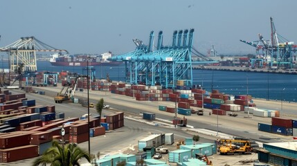 A bustling port with cranes loading containers