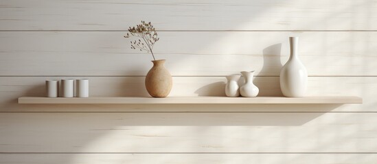 A white wooden shelf against a natural white wooden wall holding various vases and a plant. The vases are of different shapes and sizes, adding visual interest to the arrangement.