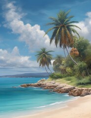 Beautiful beach with palms and turquoise sea in Jamaica island Generative Ai