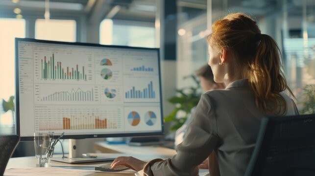 Monitoring Specialist Woman Working on a Computer with Graphs and Charts, She Is Analyzing Data, Performance Records and Presenting Reports in the Office. Generative AI