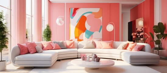 A living room featuring pink walls and white furniture. The room is bright and airy, with a modern aesthetic. The white furniture contrasts beautifully against the soft pink walls,